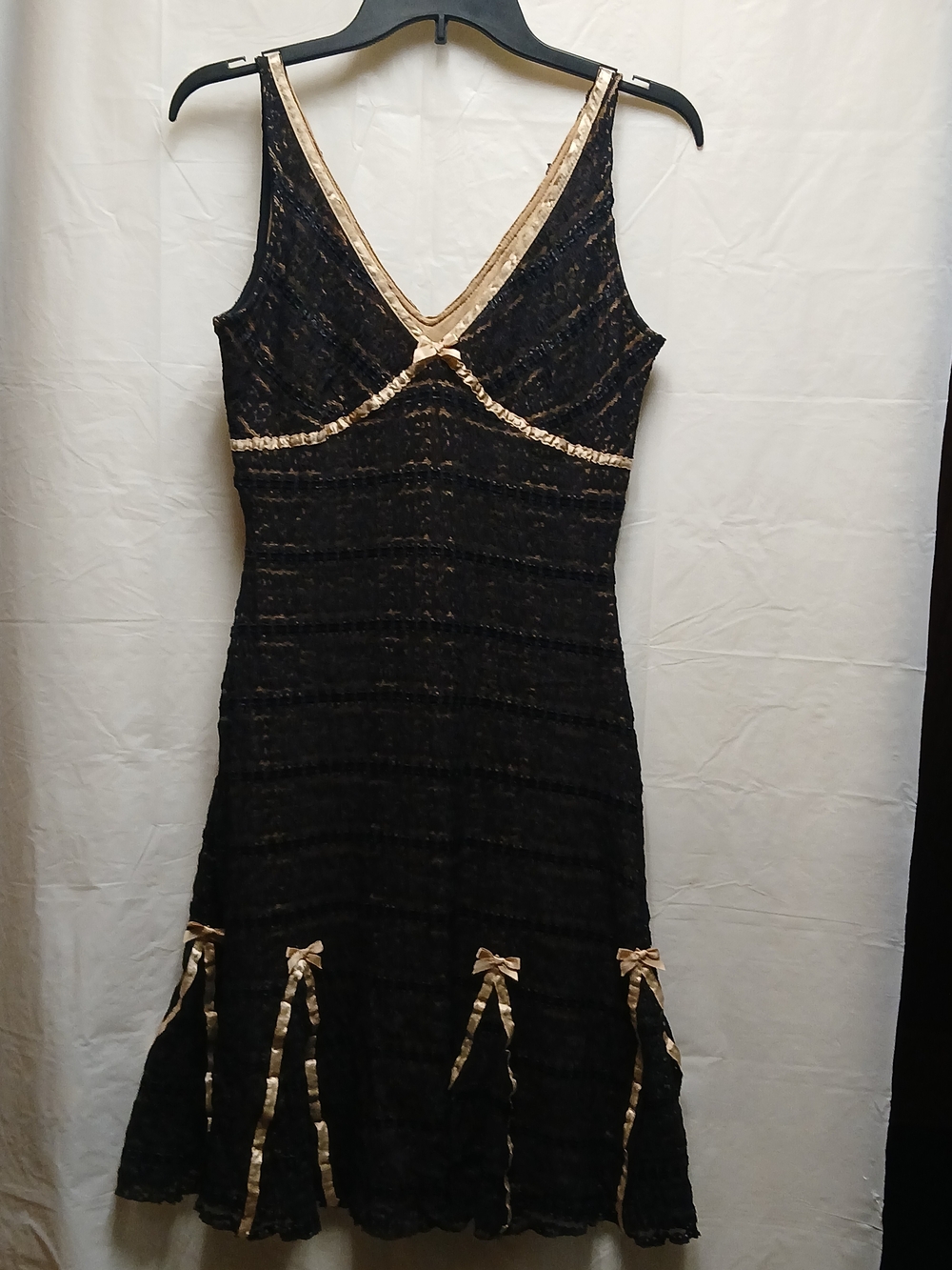 Arden B. Black Sleeveless V-Neck Lace Dress with Taupe Satin Trim
